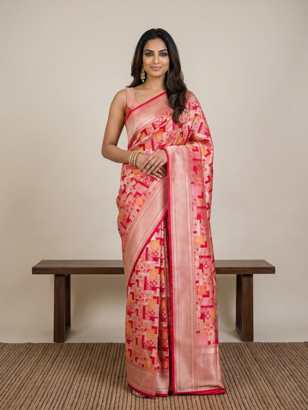 Red Pure Banarasi Brocade Silk Saree with Meenakari & Gold Zari Border - detail