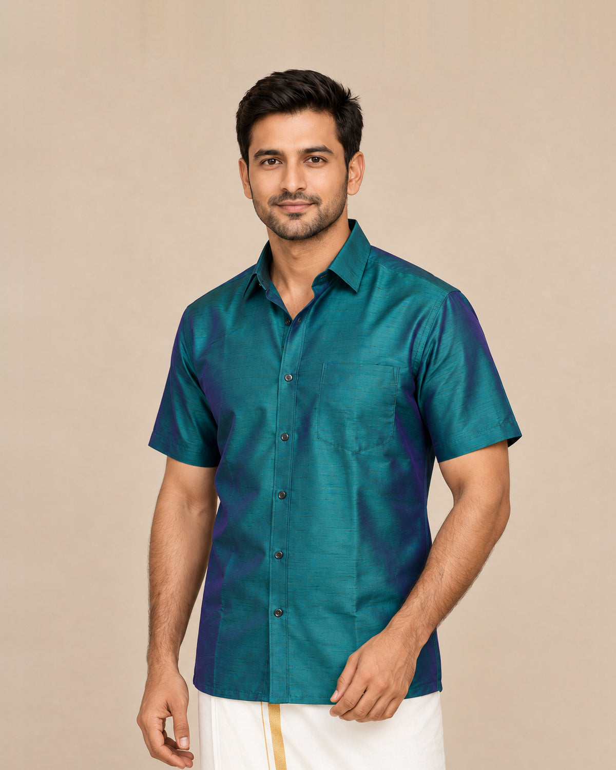 Dark Bottle Green Plain Raw Silk Shirt