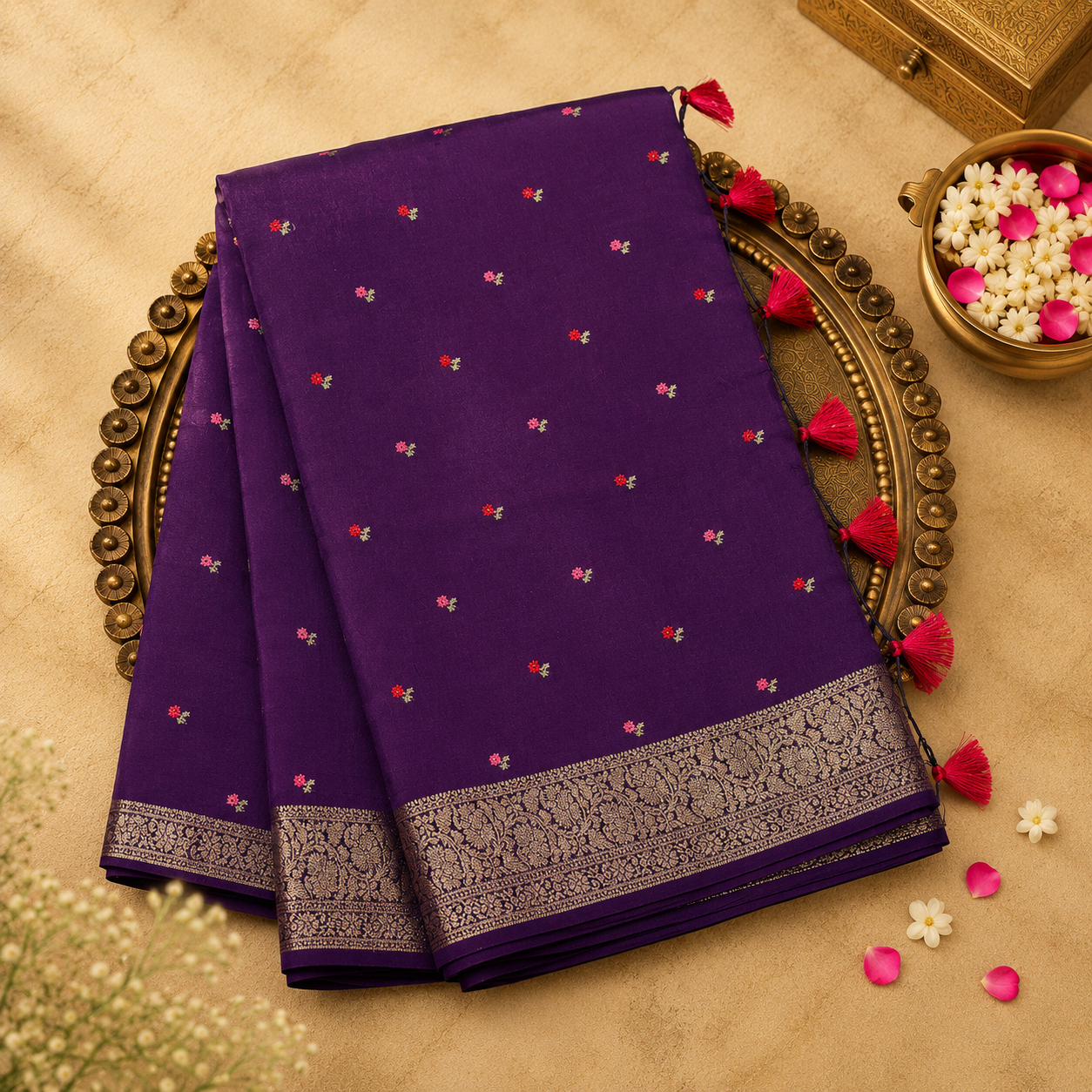 Purple Semi Banarasi Silk Saree with Floral Embroidery & Gold Zari Border