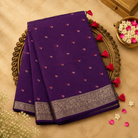 Purple Semi Banarasi Silk Saree with Floral Embroidery & Gold Zari Border