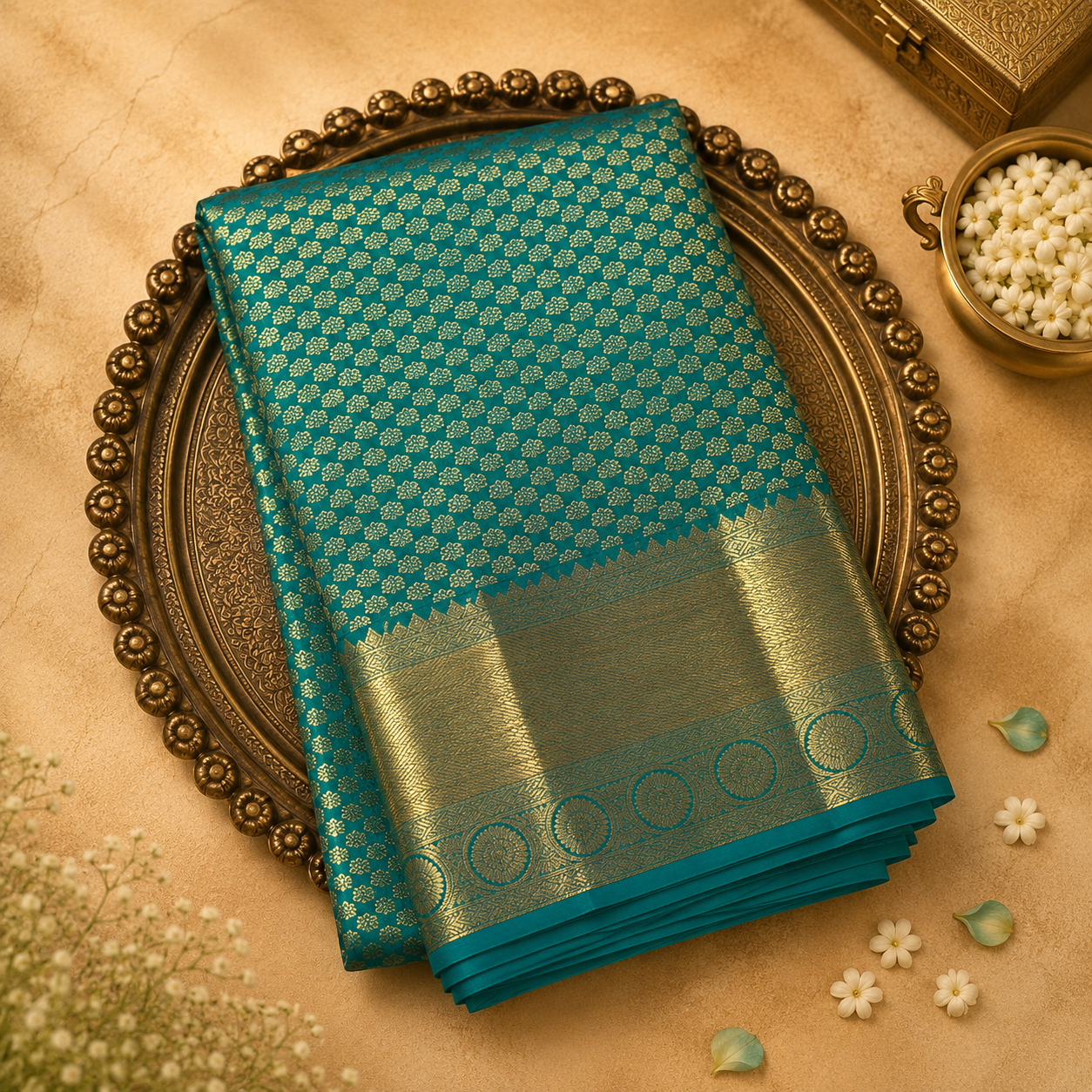 Rama Green Kanchivaram Pure Brocade Silk Saree with Gold Buttas & Zari Border