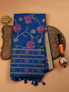 Peacock Blue Mulmul Cotton Saree with Floral Design & Zari Border