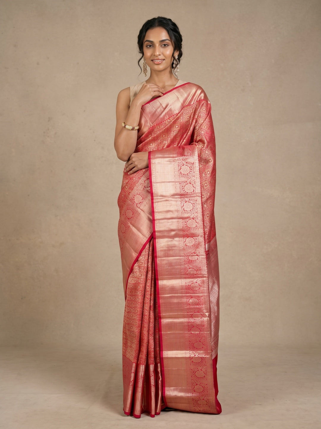 Orangish & Red Pure Kanjeevaram Silk Saree with Gold Brocade - detail