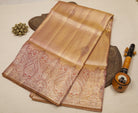 Peach Orange-Gold Dual-Tone Kanjeevaram Tissue Silk Saree with Diagonal Weave & Gold Zari Border