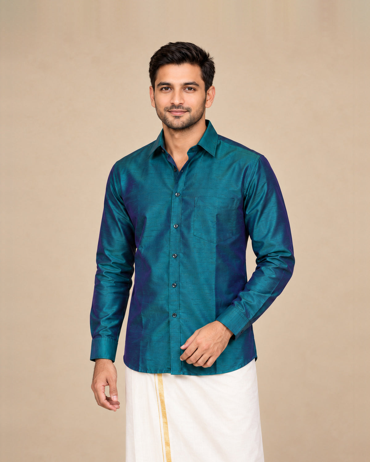 Dark Bottle Green Plain Raw Silk Shirt
