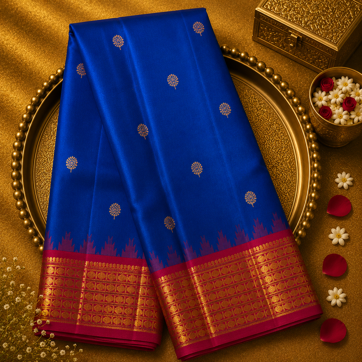 Bright Dark Blue Kanjeevaram Silk Saree with Zari Buttas