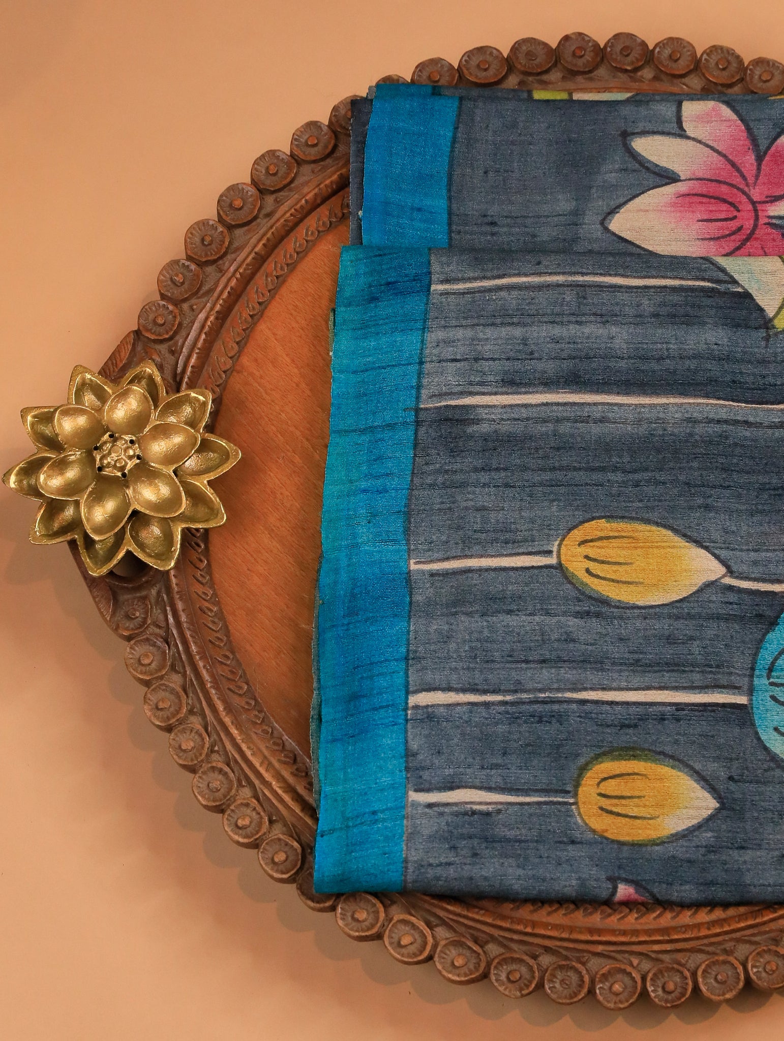 Grey Pure Tussar Silk Saree with Floral Print & Blue Border