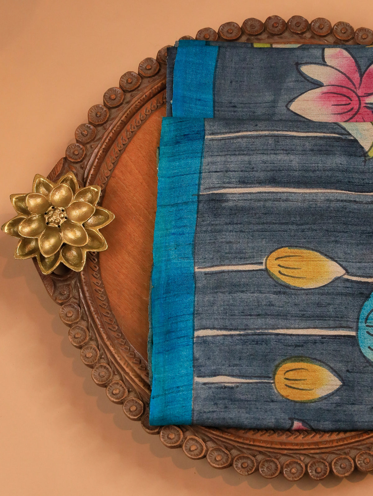 Grey Pure Tussar Silk Saree with Floral Print & Blue Border