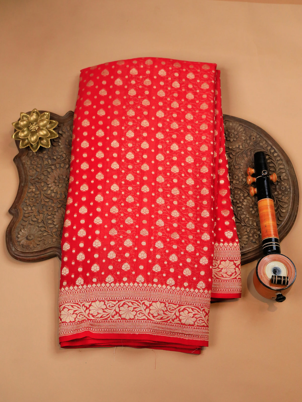 Bright Red Pure Banarasi Georgette Saree with Zari Buttas & Floral Border