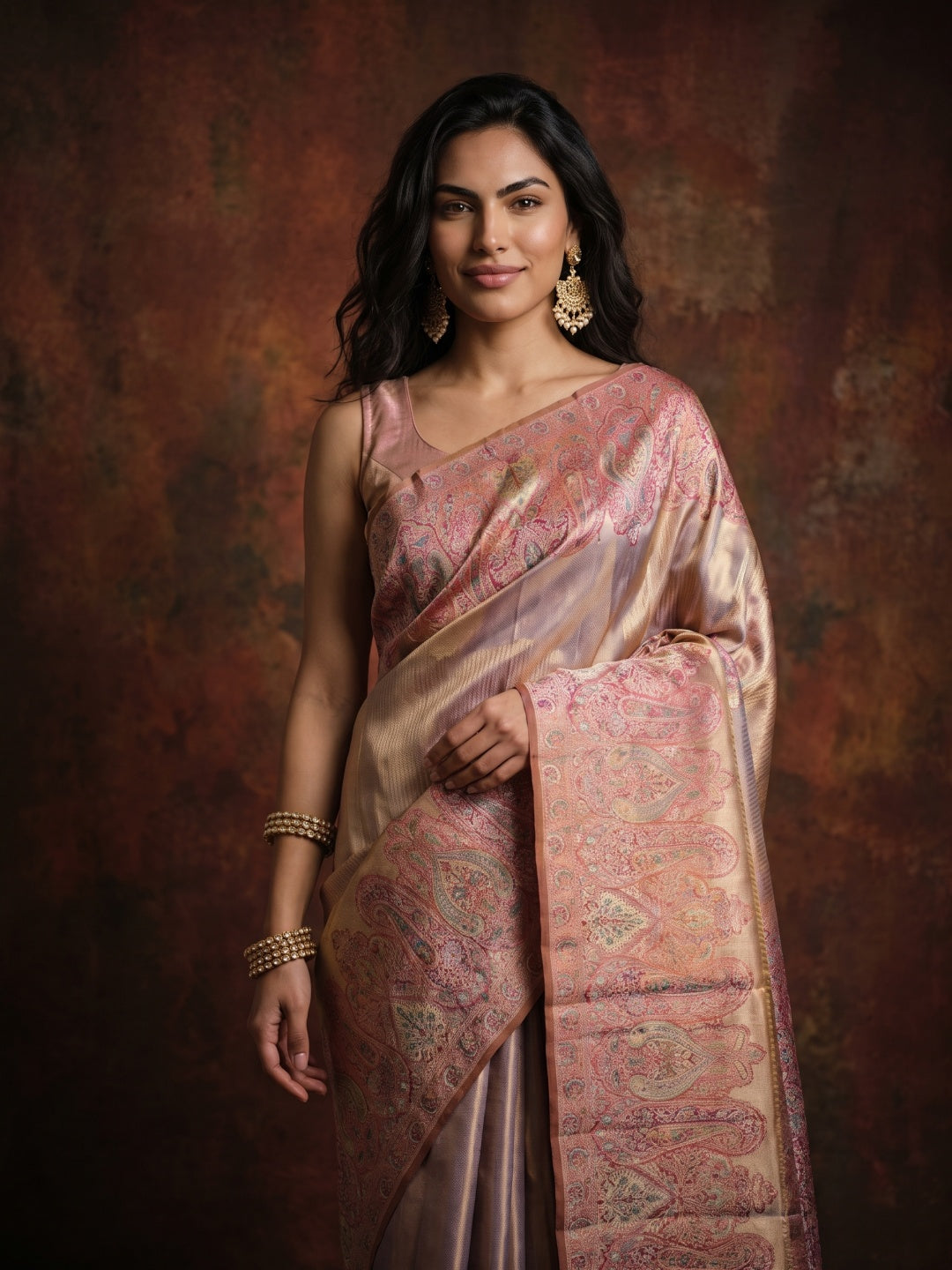 Golden Purple Dual-Tone Pure Kanjeevaram Tissue Saree - detail
