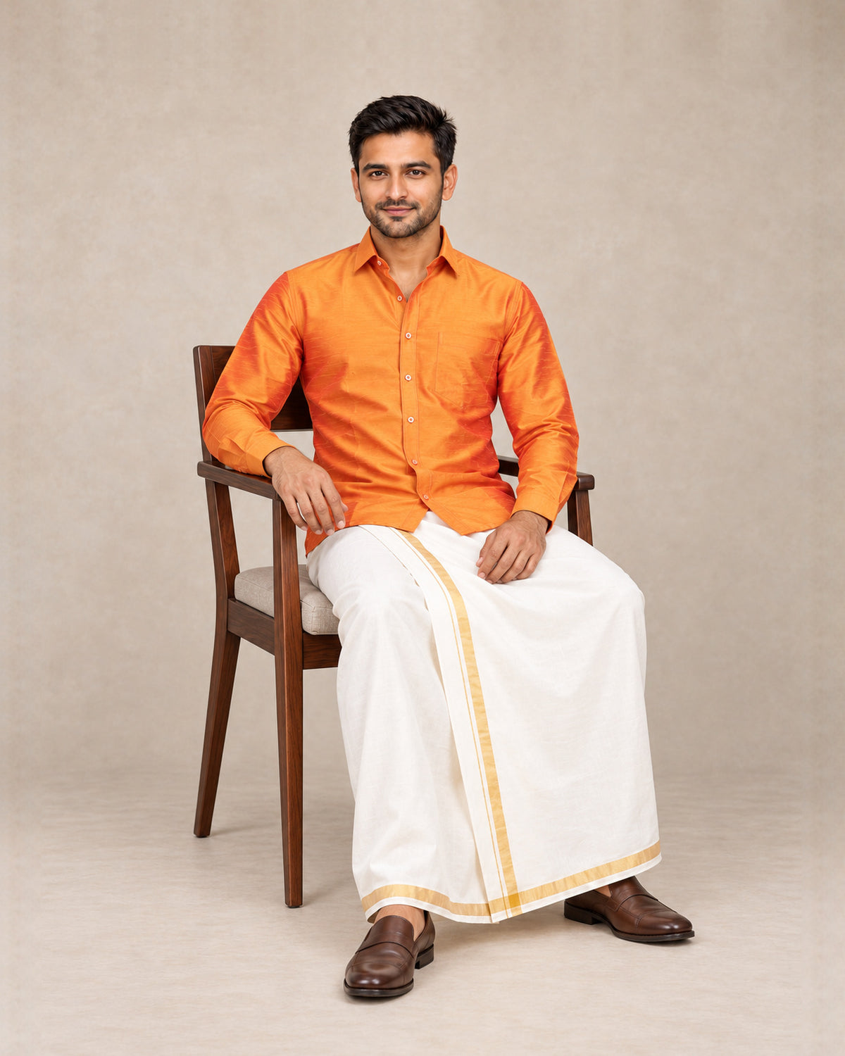 Burnt Mustard Orange Plain Raw Silk Shirt