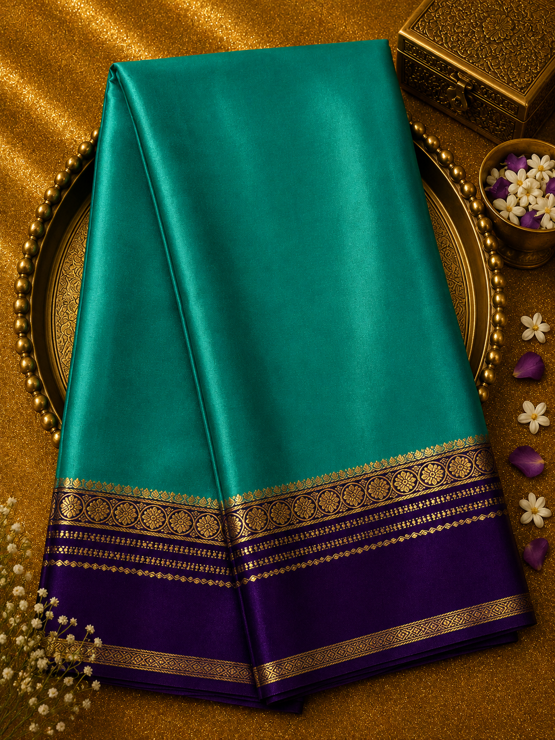 Light Green Pure Mysore Crepe Silk Saree with Purple-Gold Border
