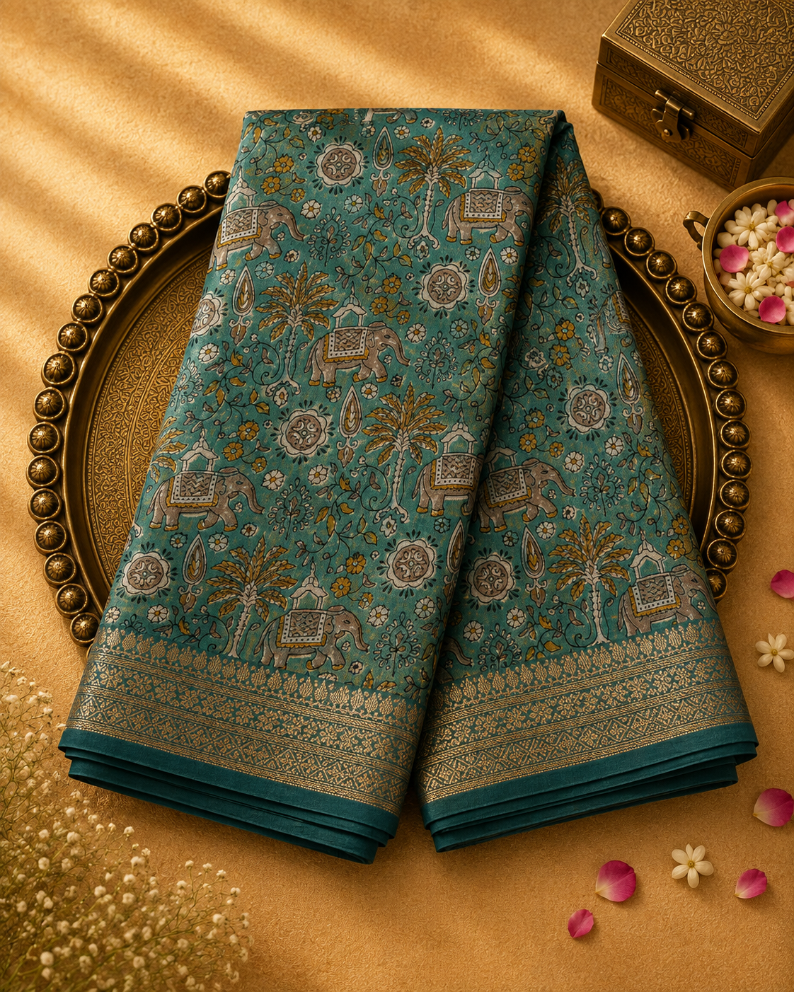Sea Green Maheshwari Cotton Saree with All-Over Print & Zari Border