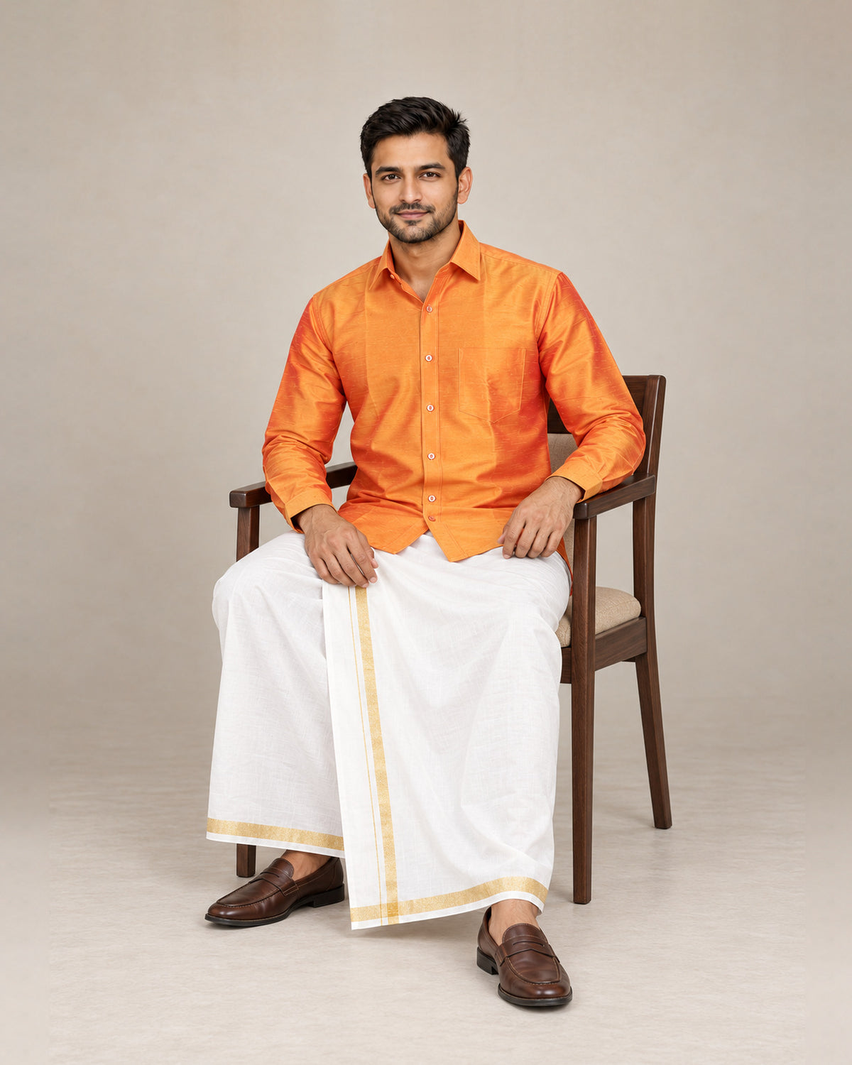 Orange Plain Raw Silk Shirt