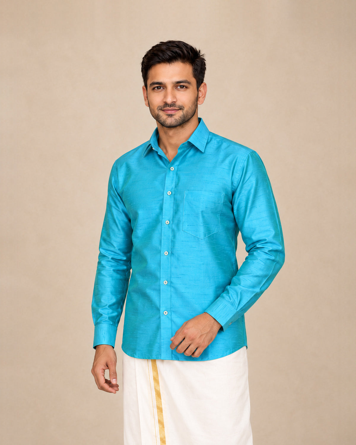 Dark Teal Green Plain Raw Silk Shirt