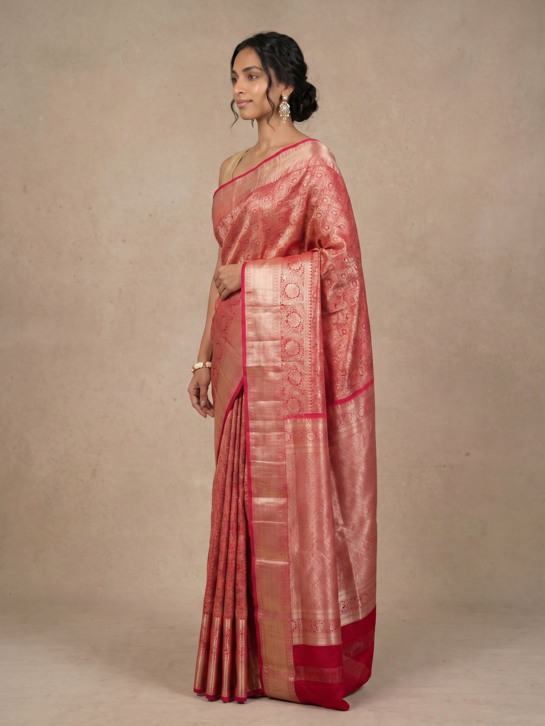 Orangish & Red Pure Kanjeevaram Silk Saree with Gold Brocade