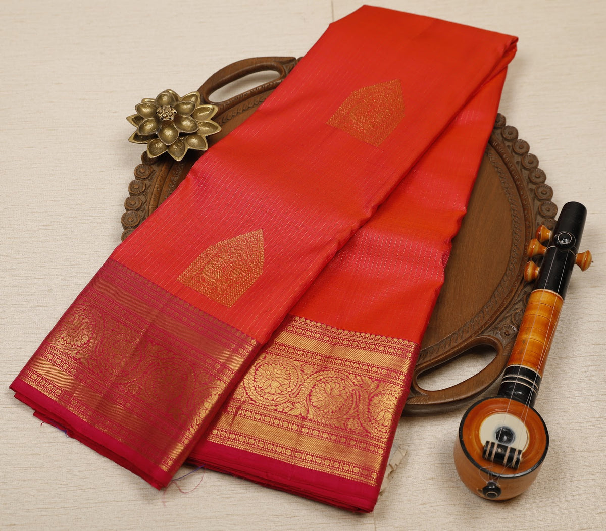 Peach-Pink Dual-Tone Pure Handloom Kanjeevaram Silk Saree with Zari Motifs, Stripes & Floral Border