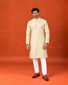 Yellowish Cream Self-Embroidered Kurta with White Pants