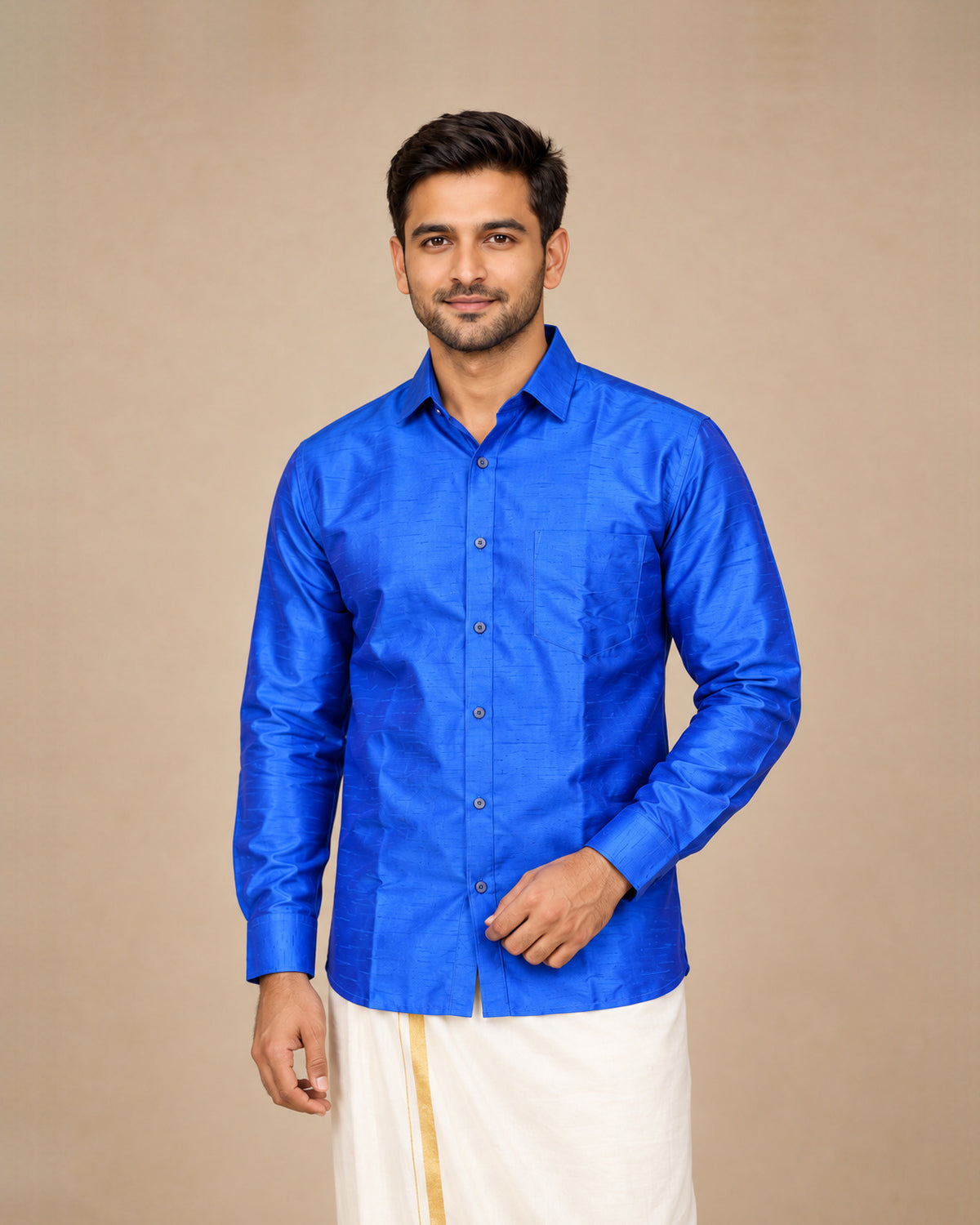 Dark Blue Plain Raw Silk Shirt