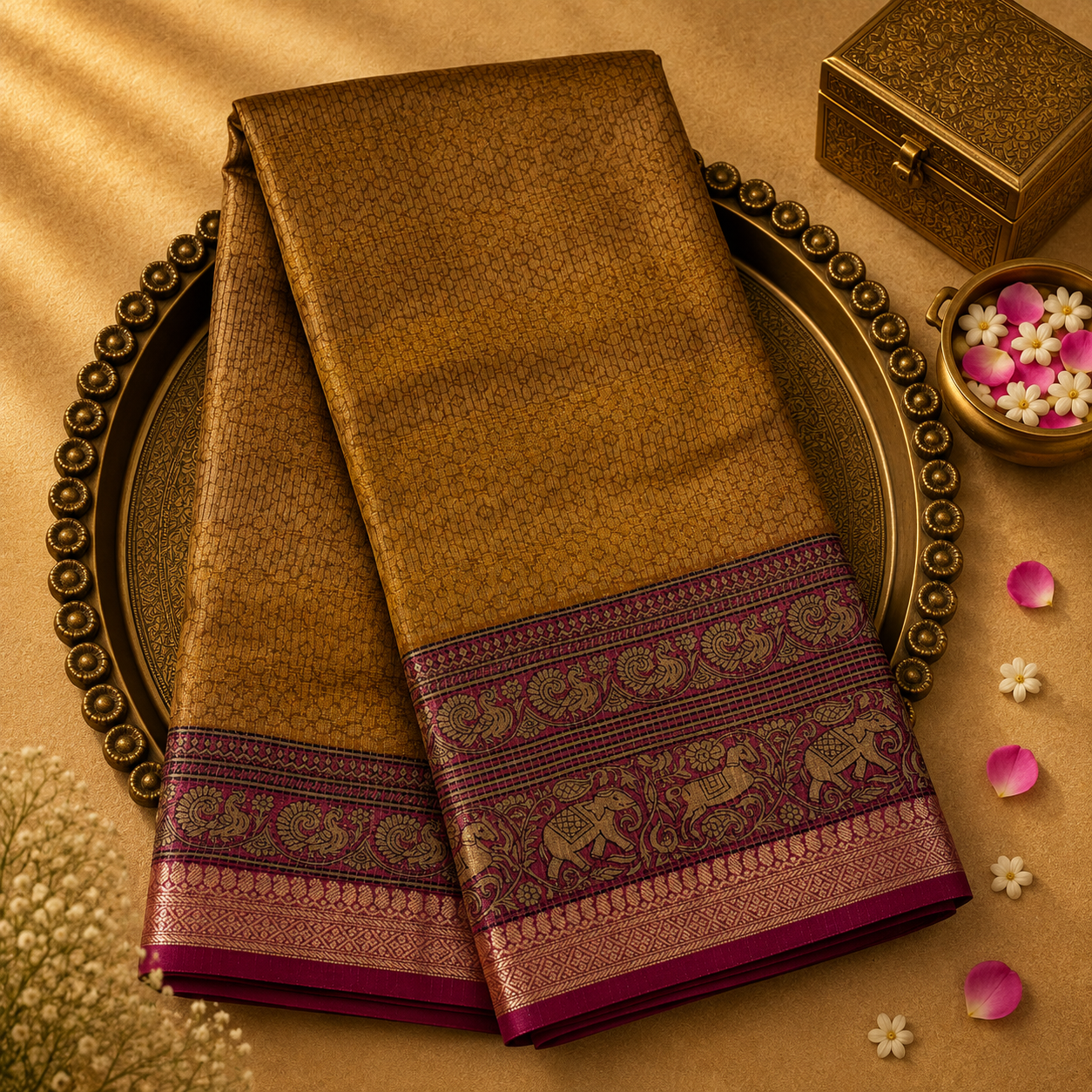 Mustard Chanderi Silk Saree with Checks, Printed Border & Zari Edge