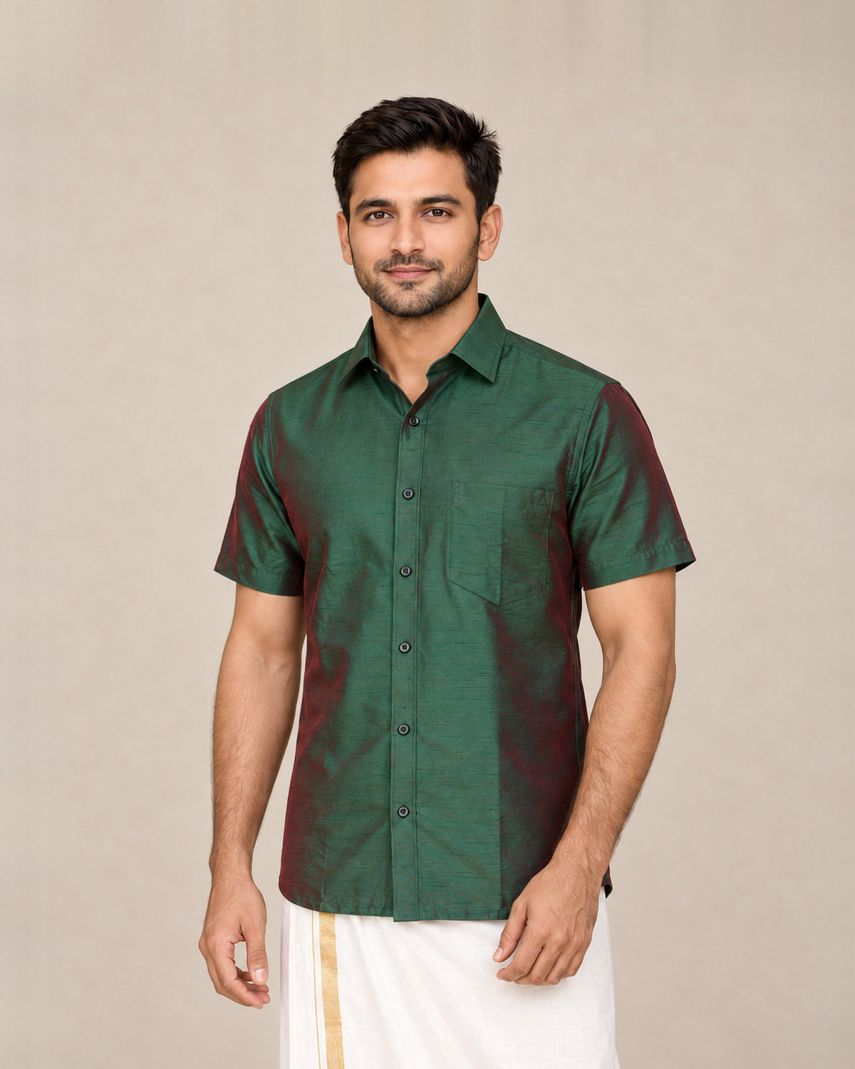 Dark Green Plain Raw Silk Shirt