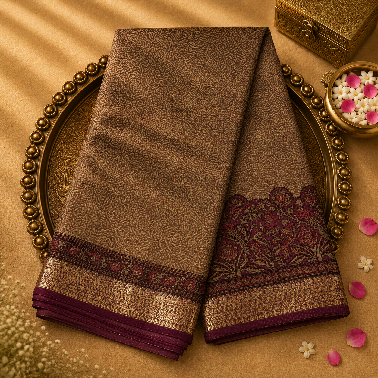 Beige Chanderi Silk Saree with All-Over Print & Purple Zari Border