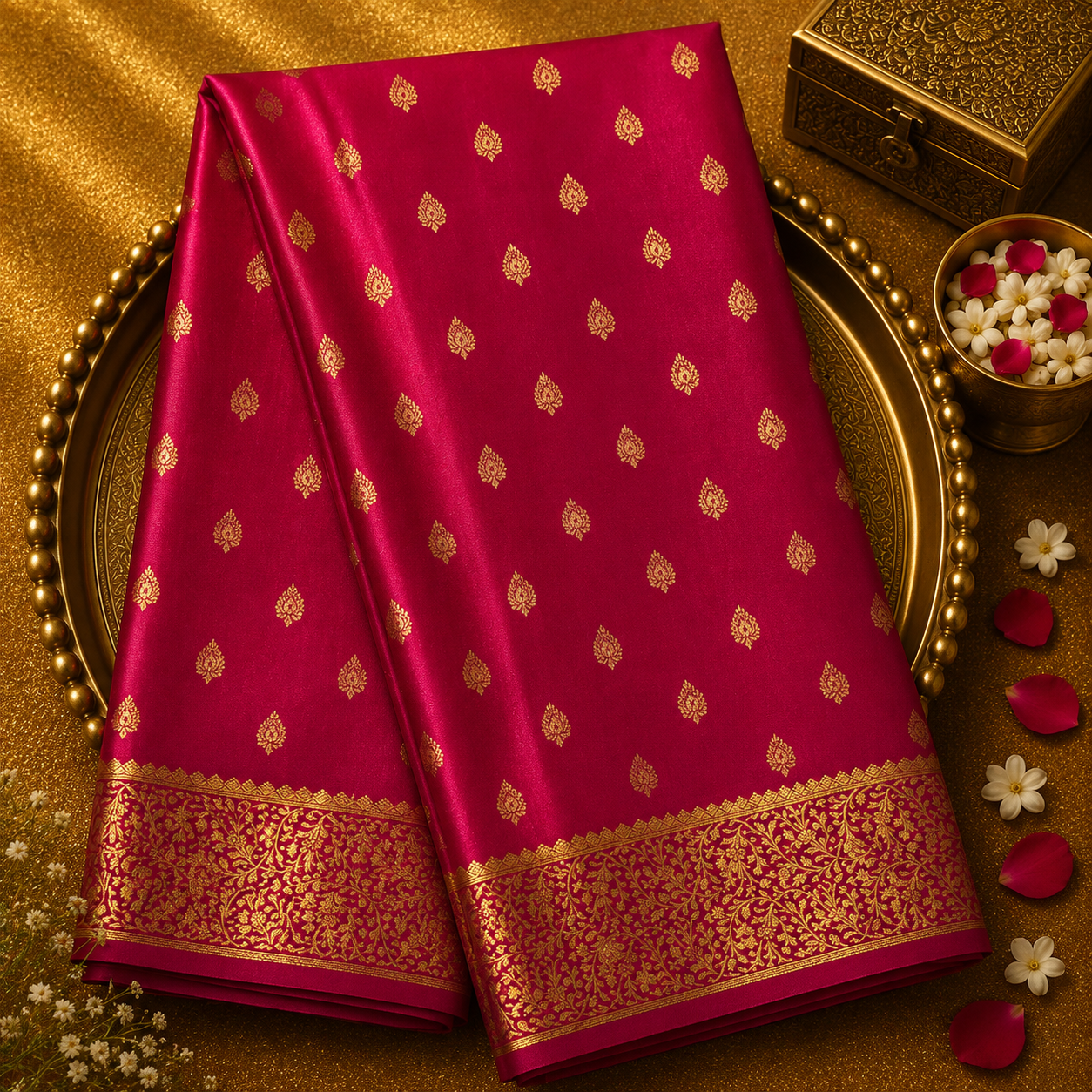 Pink Pure Mysore Crepe Silk Saree with Zari Buttas, Floral Border & Pink Blouse