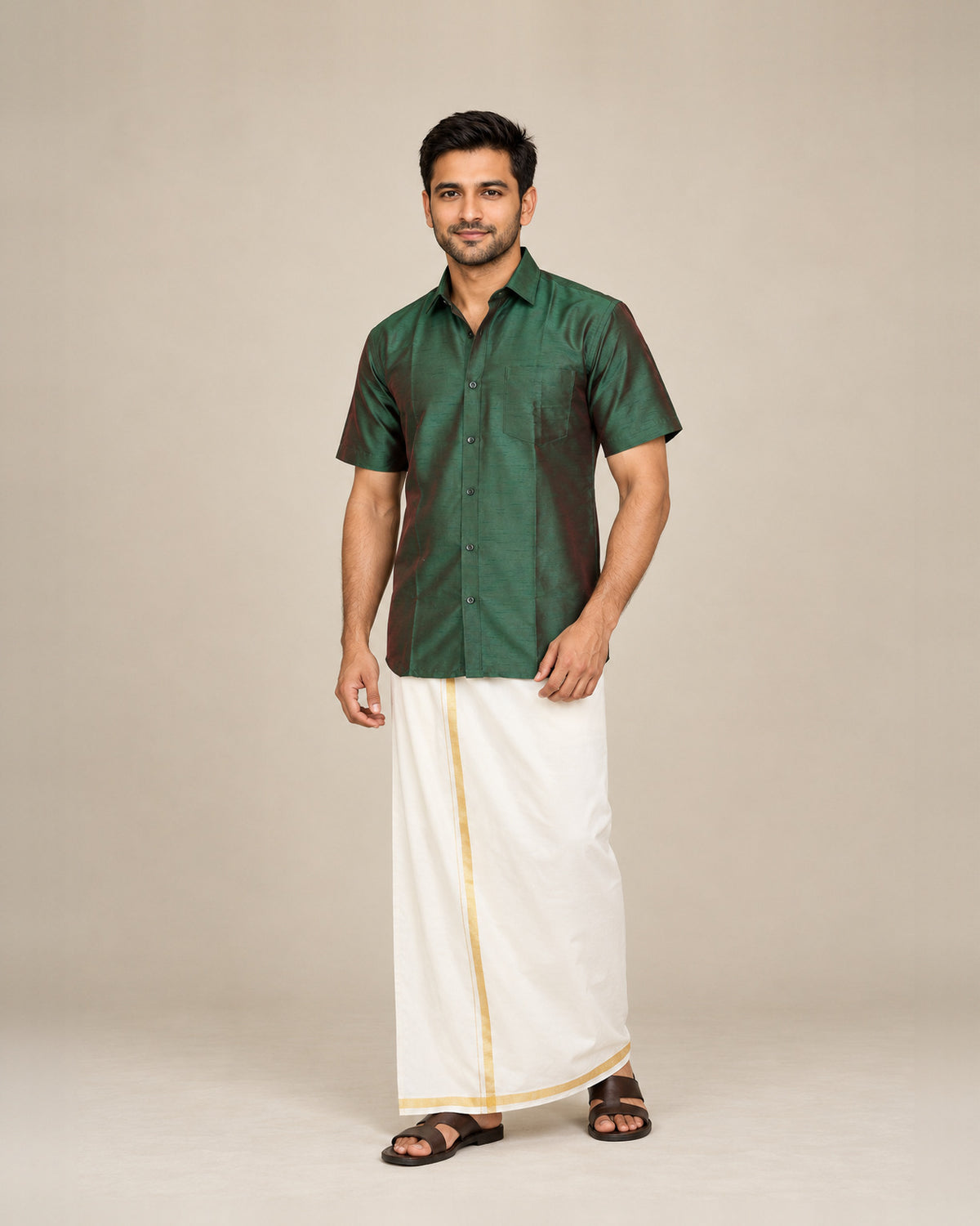 Dark Bottle Green Plain Raw Silk Shirt