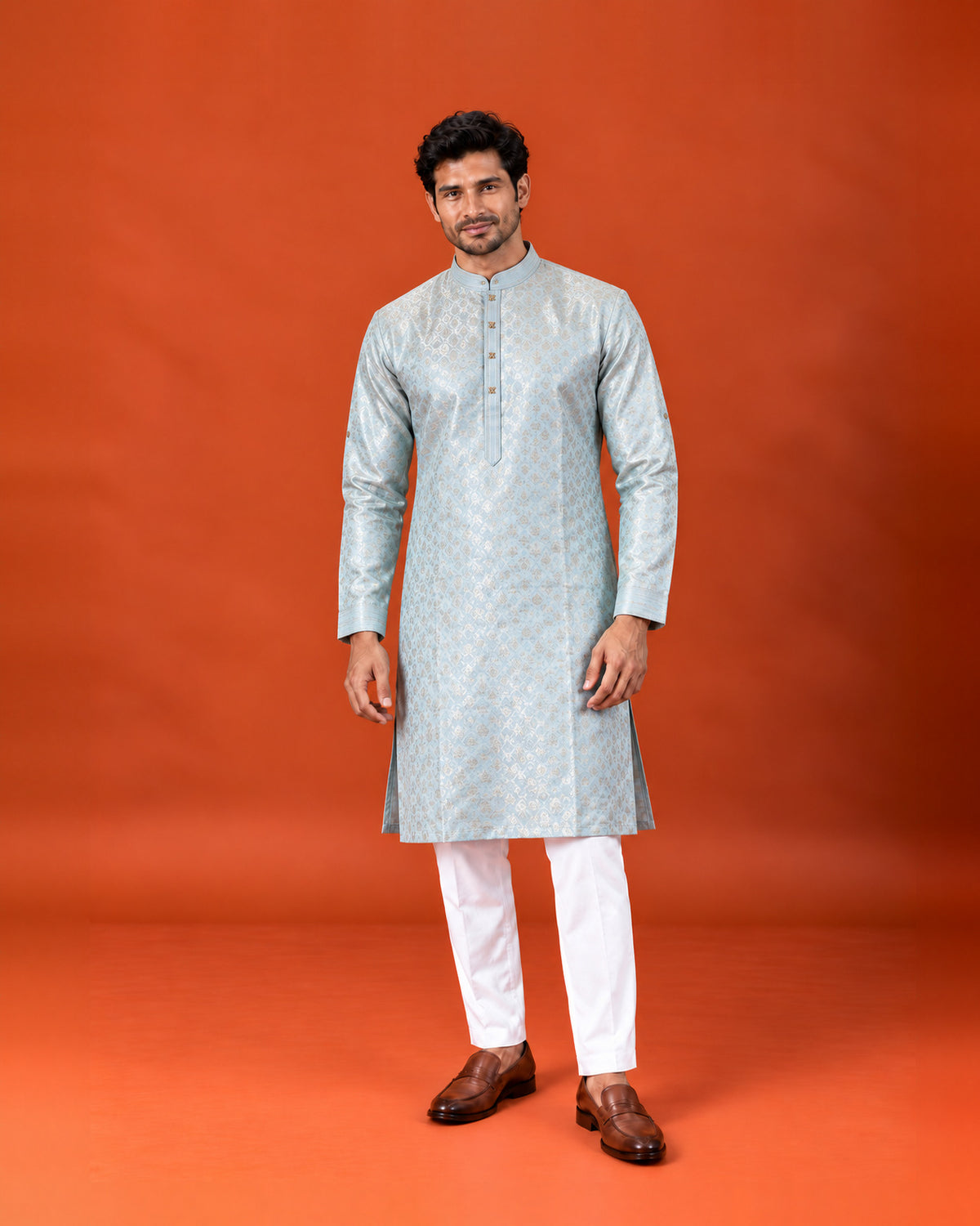 Teal Blue Silk Self-Weave Kurta with White Pants