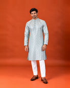 Teal Blue Silk Self-Weave Kurta with White Pants