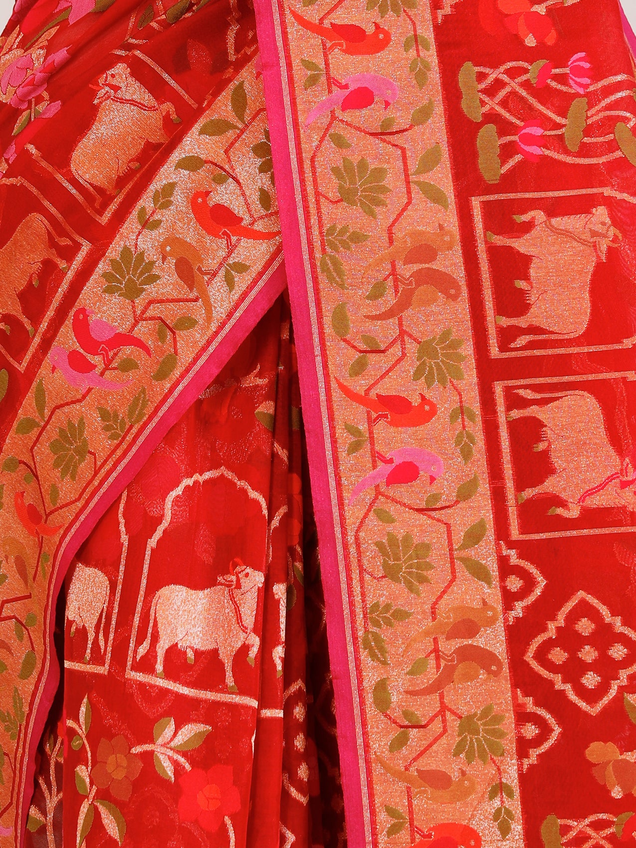 Multi Pastel Pure Banarasi Tissue Brocade Silk Saree with Gold Zari Motifs - detail