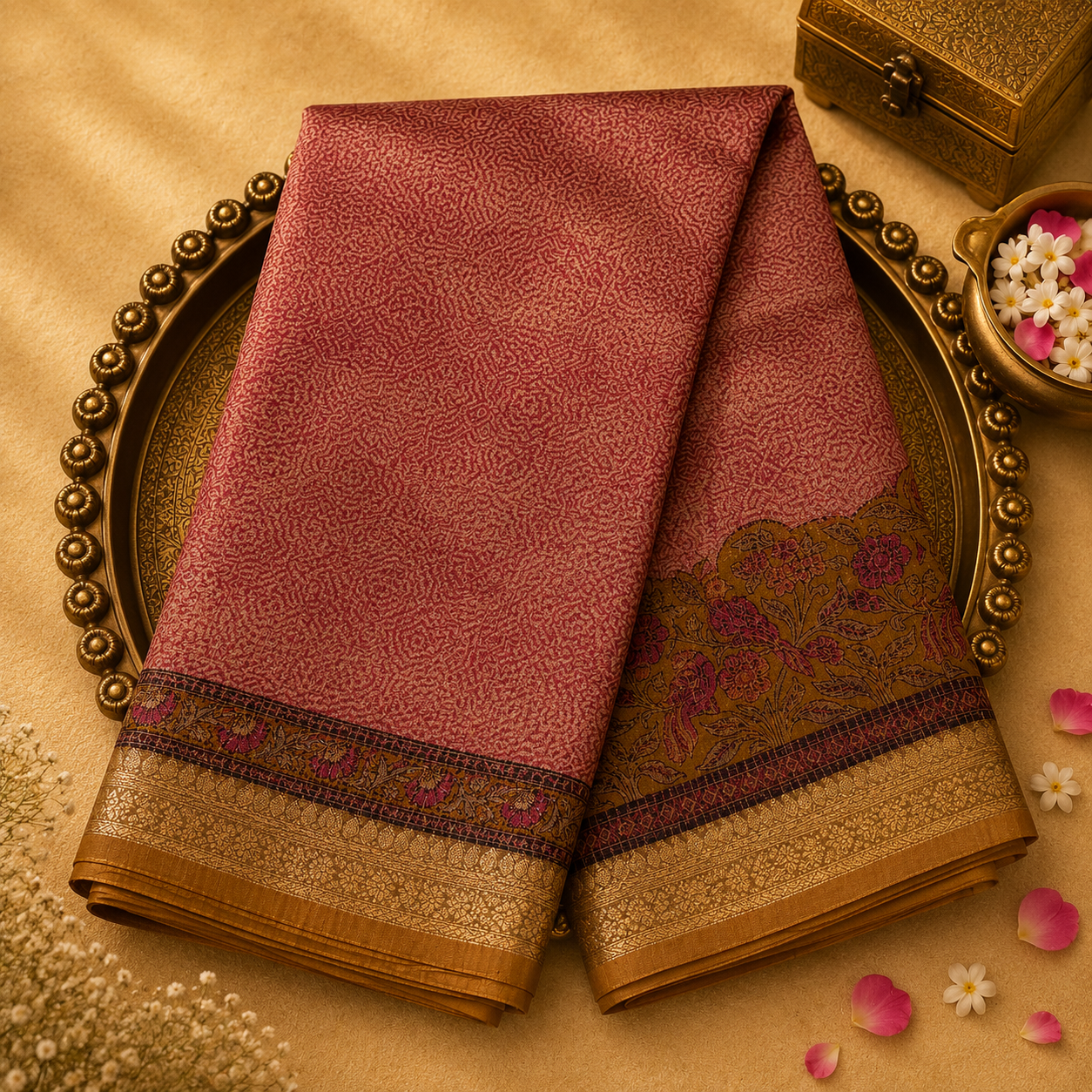 Onion Pink Chanderi Silk Saree with All-Over Print & Mustard Zari Border