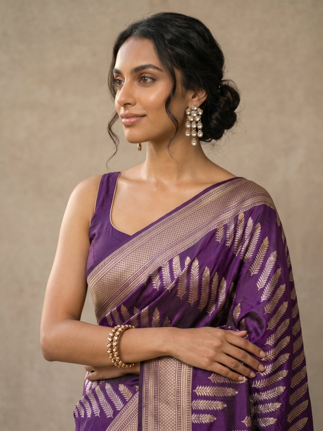 Purple Pure Banarasi Silk Saree with Gold & Silver Diagonal Motifs
