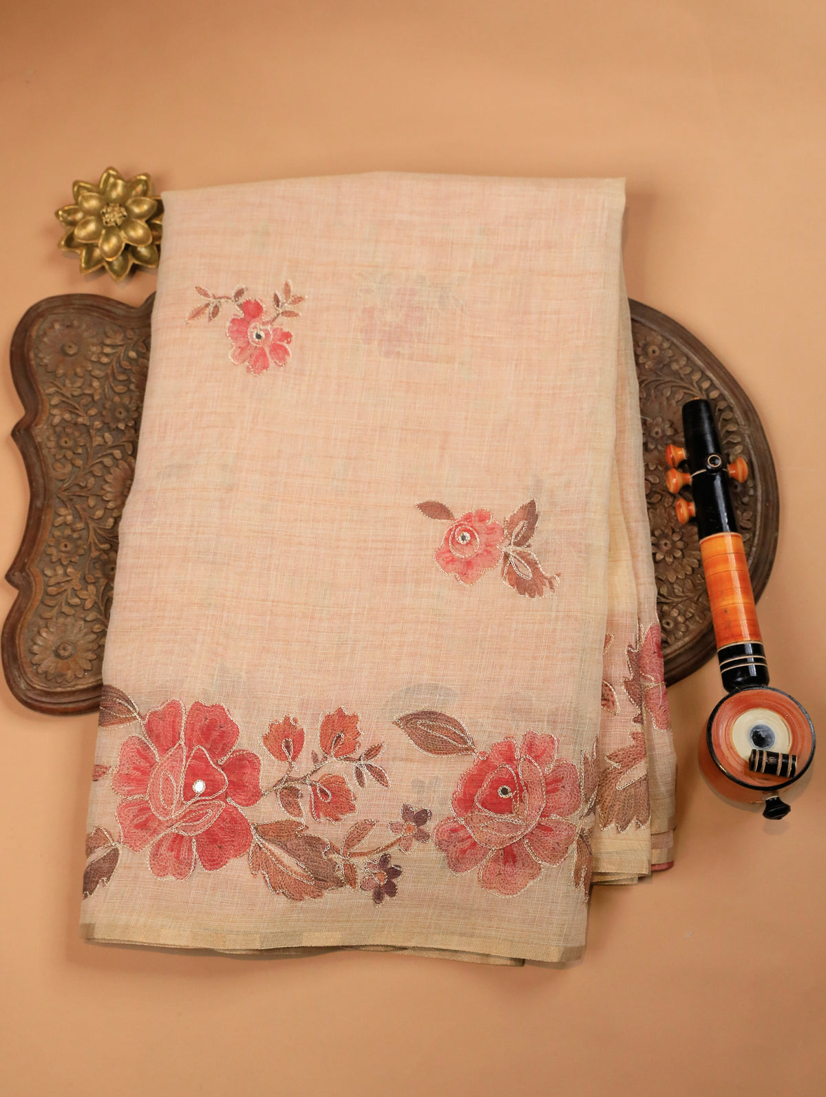 Golden Beige Tissue Linen Saree with Floral Print & Zari Detailing