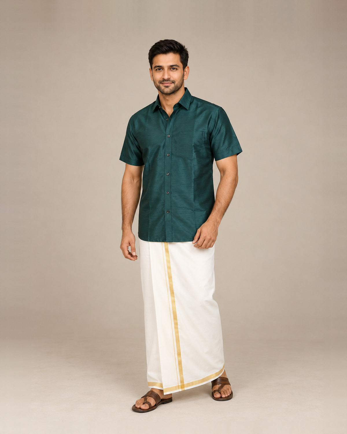 Dark Green Plain Raw Silk Shirt