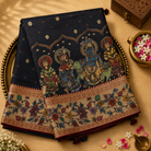 Black Semi Crepe Silk Saree with Krishna Kalamkari Print & Gold Zari Buttas