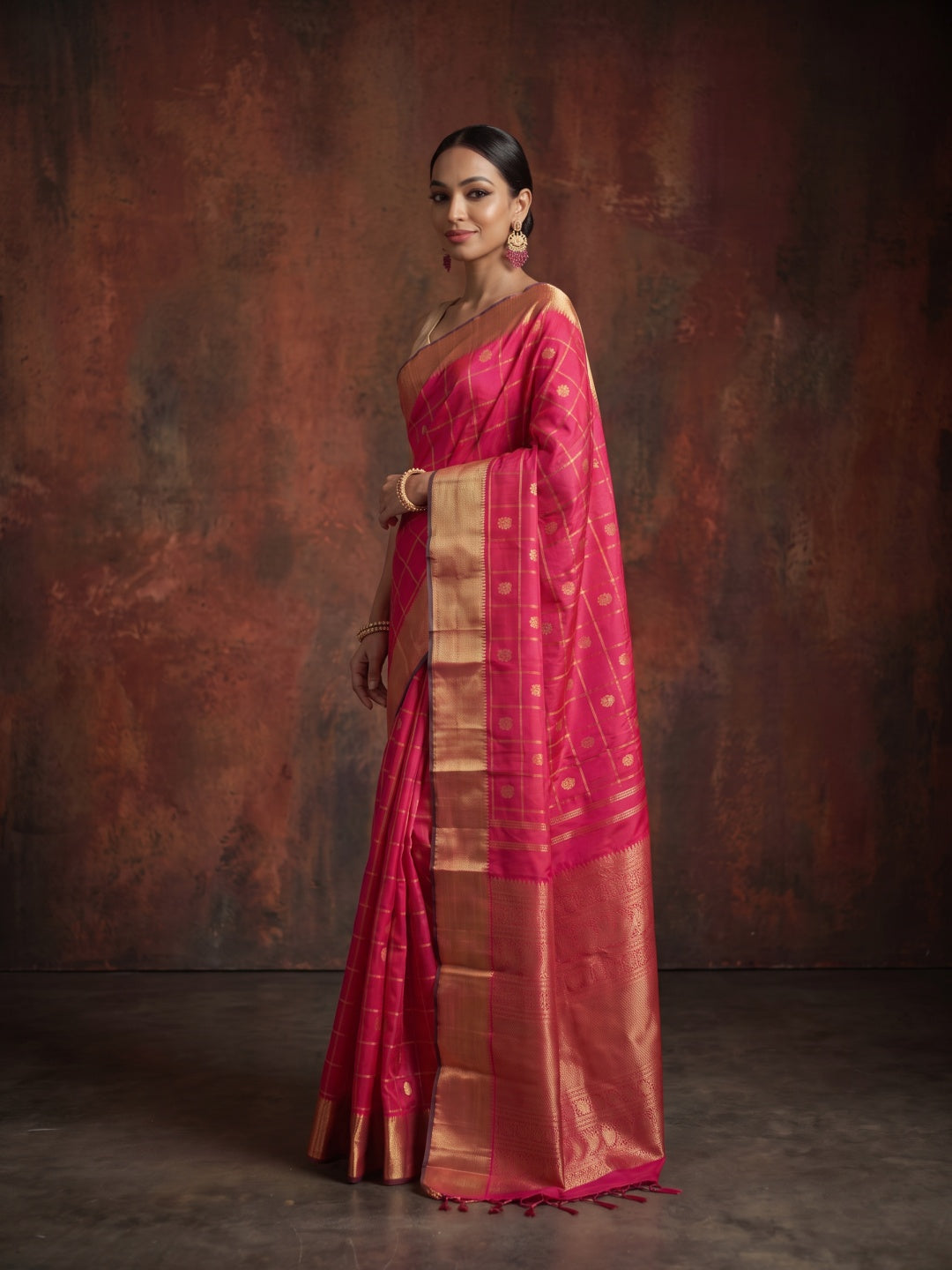 Bright Red & Pink Dual-Tone Pure Kanjeevaram Silk Saree with Zari Checks