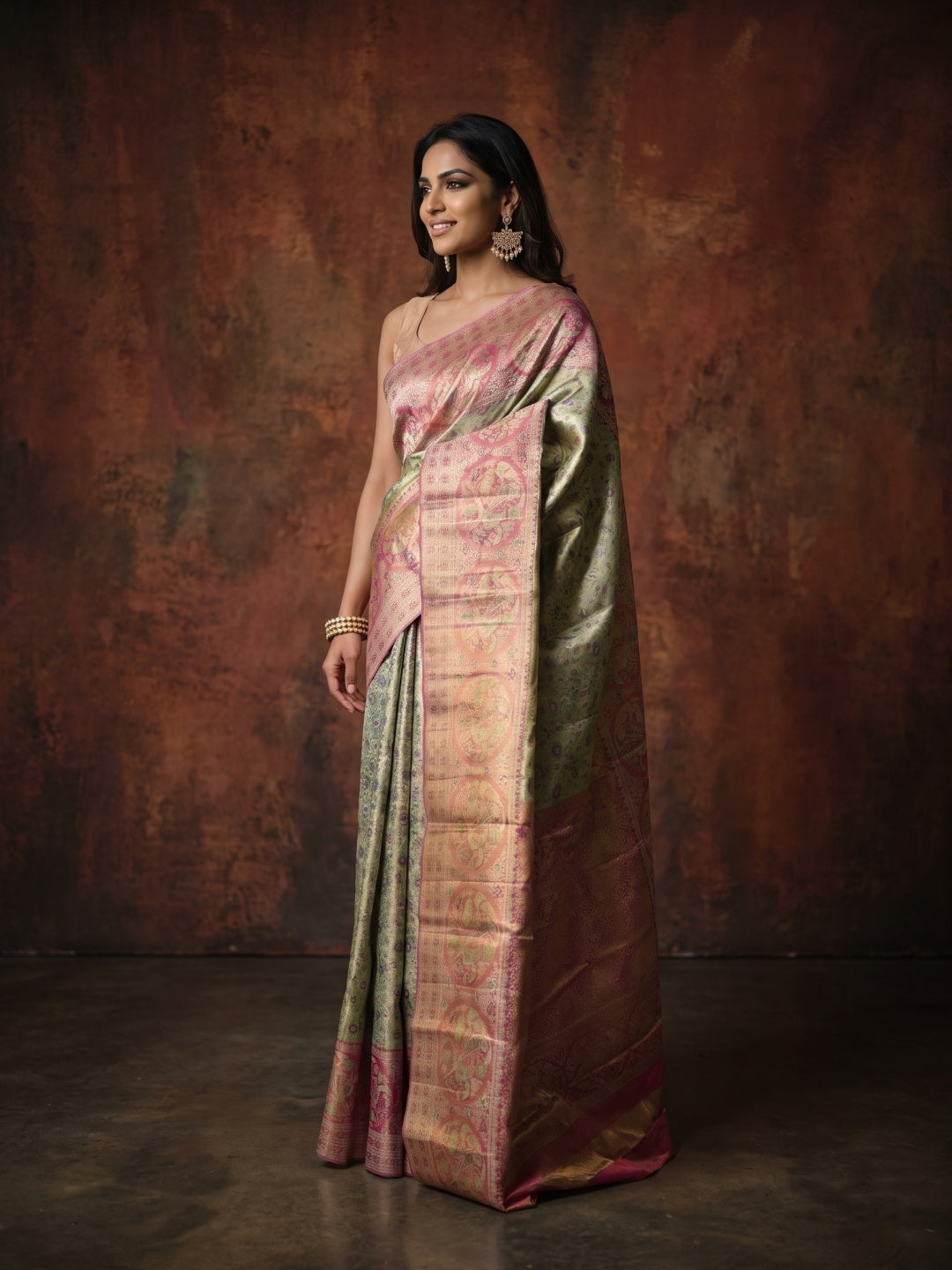 Pista Green Pure Kanjeevaram Tissue Silk Saree with Floral Brocade & Pink Border - detail