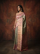 Pista Green Pure Kanjeevaram Tissue Silk Saree with Floral Brocade & Pink Border - detail