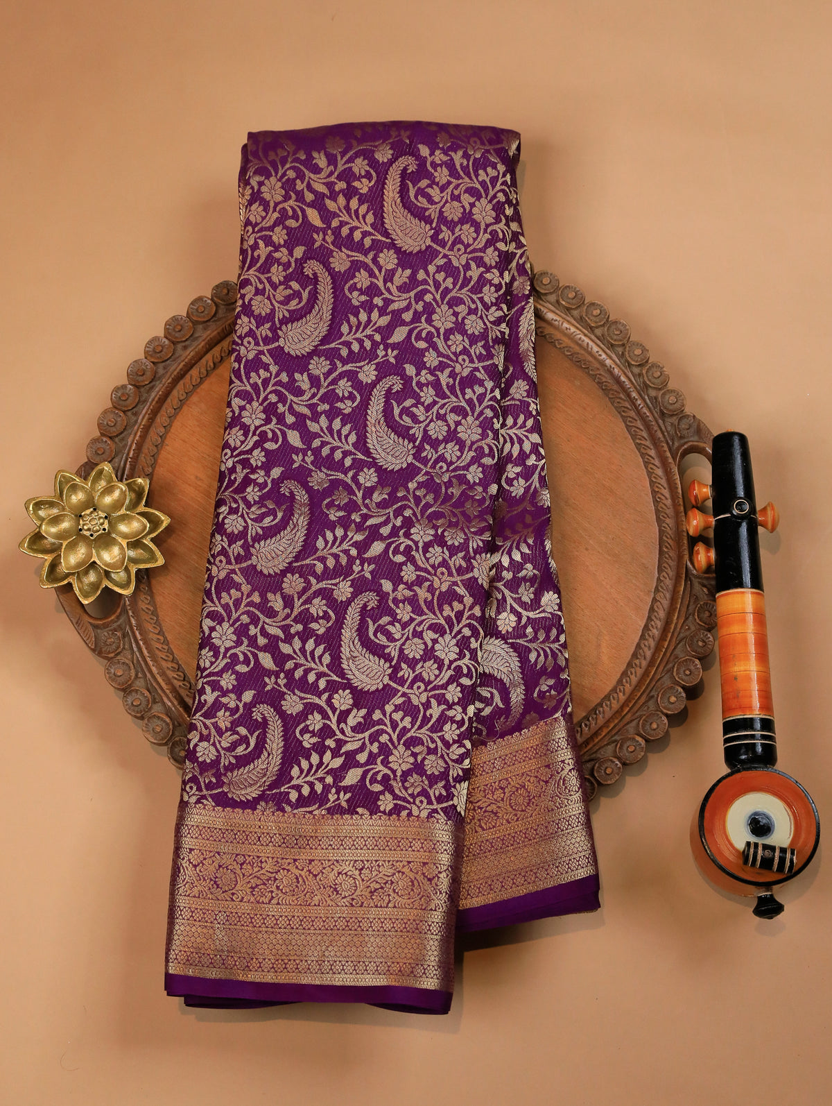 Purple Pure Mysore Silk Saree with Floral Zari Brocade & Border