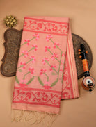 Peach Mulmul Cotton Saree with Buttas & Brick Red Floral Border