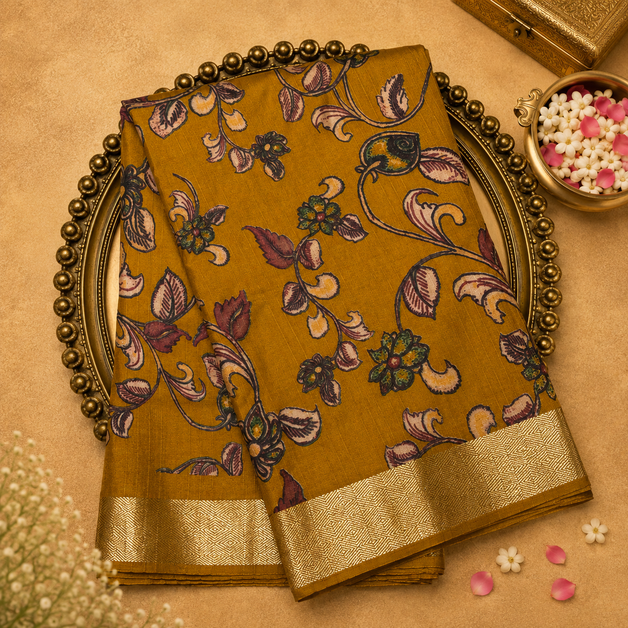 Mustard Yellow Semi Tussar Saree with Floral Print & Gold Zari Border