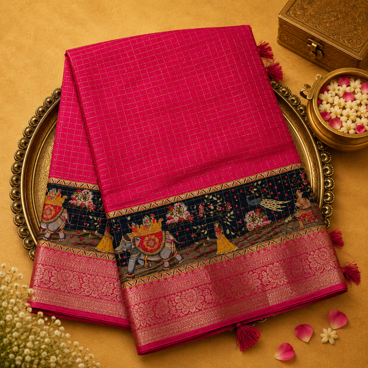 Bright Pink Semi Crepe Silk Saree with Gold Zari Checks & Traditional Border
