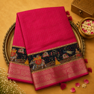 Bright Pink Semi Crepe Silk Saree with Gold Zari Checks & Traditional Border