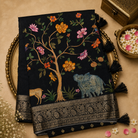 Black Semi Crepe Silk Saree with Animal Print & Gold Zari Floral Border