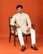 Off-White Silk Self-Weave Kurta with White Pants