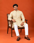 Yellowish Cream Self-Embroidered Kurta with White Pants