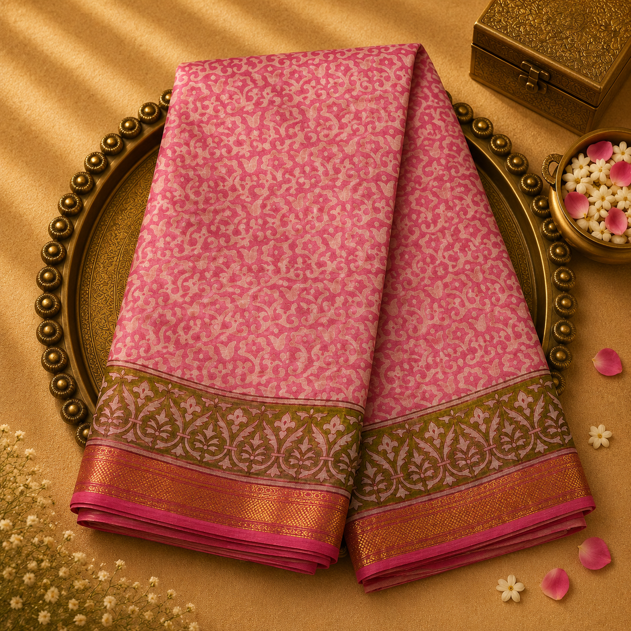Light Baby Pink Chanderi Silk Saree with Floral Design & Green Border