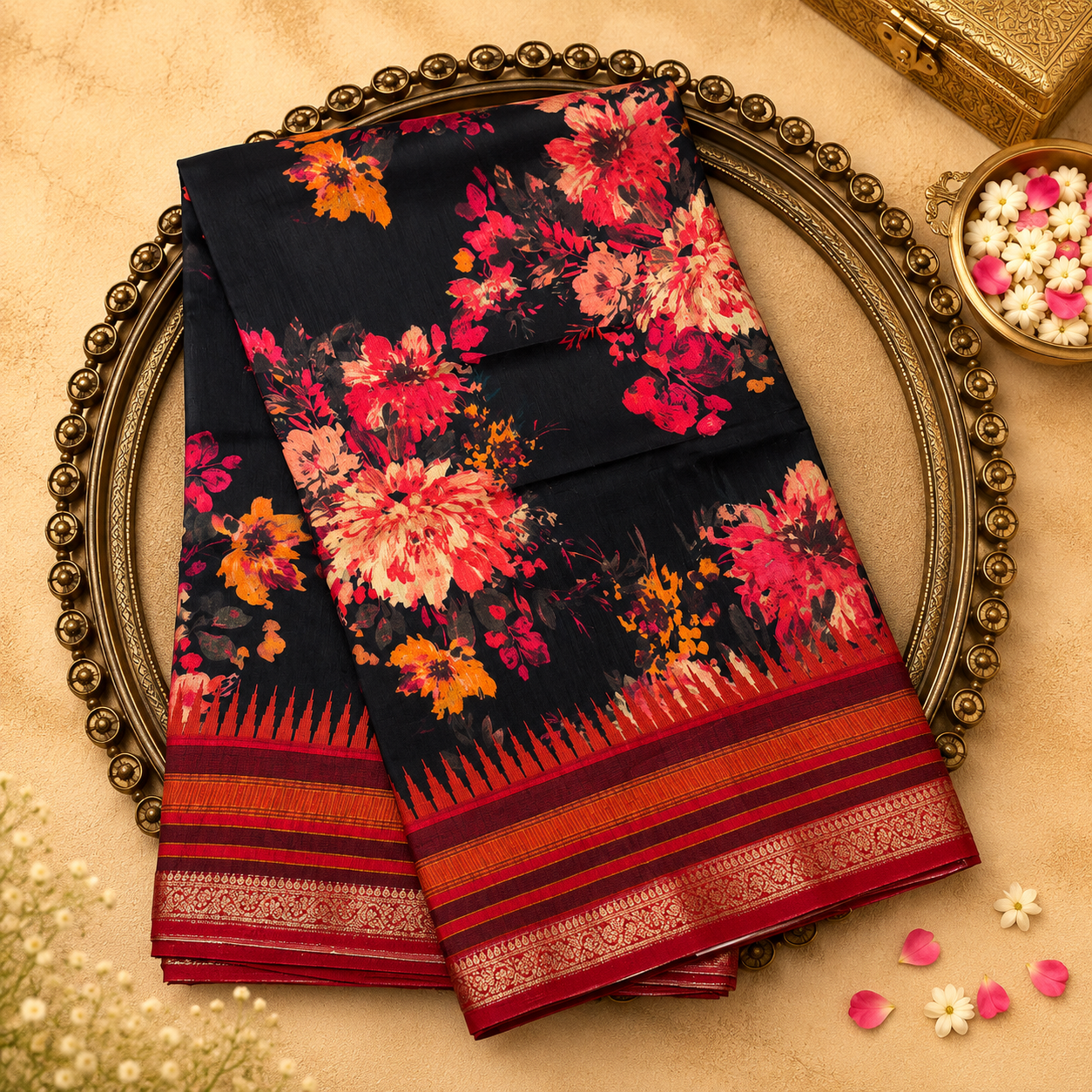 Black Semi Crepe Silk Saree with Floral Print & Red Border