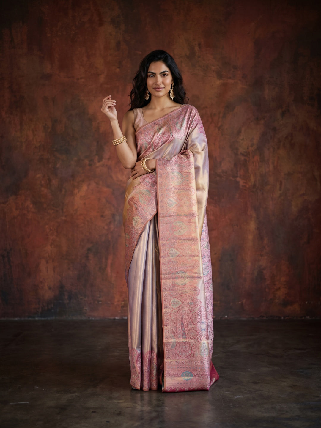 Golden Purple Dual-Tone Pure Kanjeevaram Tissue Saree - detail